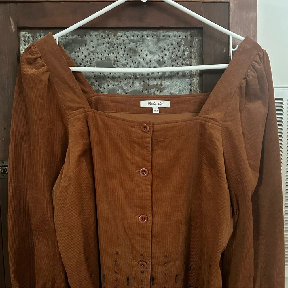 Madewell Embroidered Eyelet Corduroy Tie-Sleeve Top Small Rust Color Scalloped - Picture 6 of 7